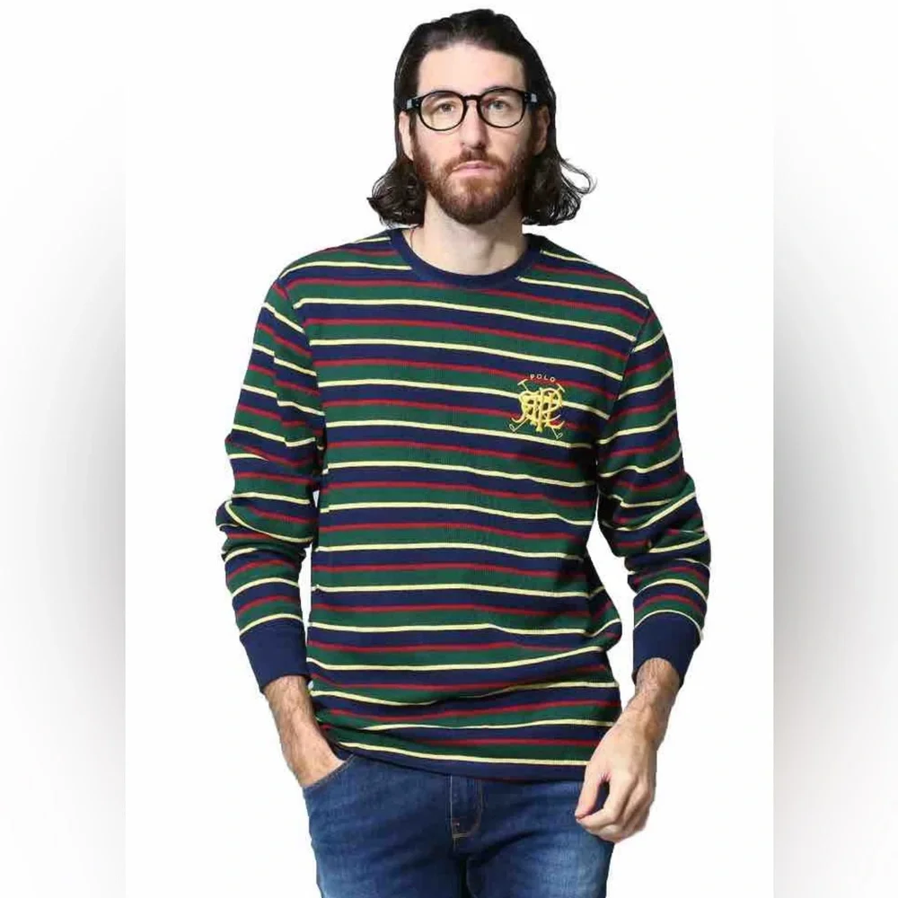 NWT POLO RALPH LAUREN Sleepwear Waffle Knit Crew Neck Logo Embroidered Striped